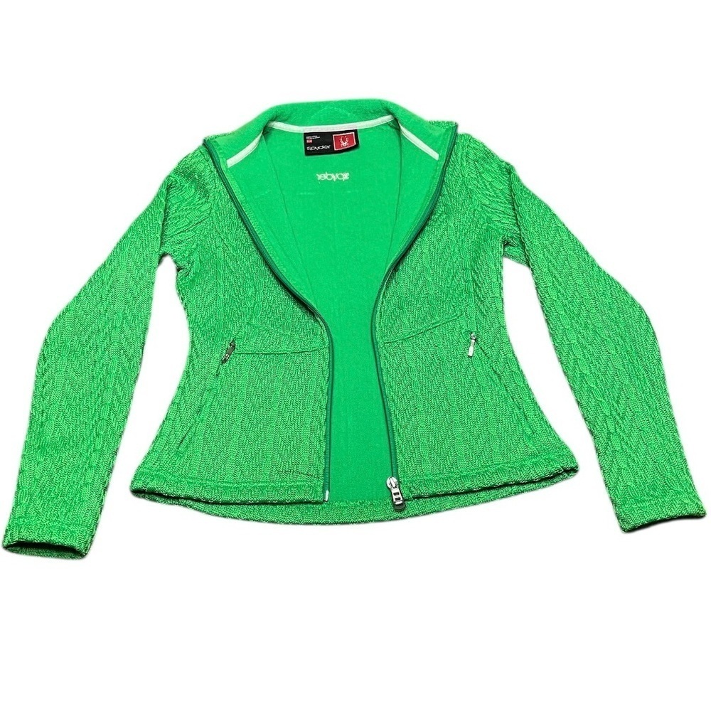 Spyder Major Cable Knit Neon Green Full Zip Fleece Lined Jacket Coat Size XS - Picture 2 of 13